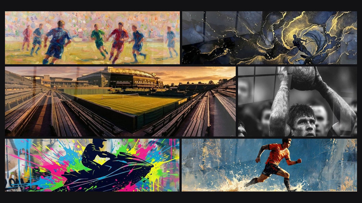 Mosaïque de six tableaux, dont Match de Football Impressionniste, Abstrait Marin et Court de Tennis Wimbledon