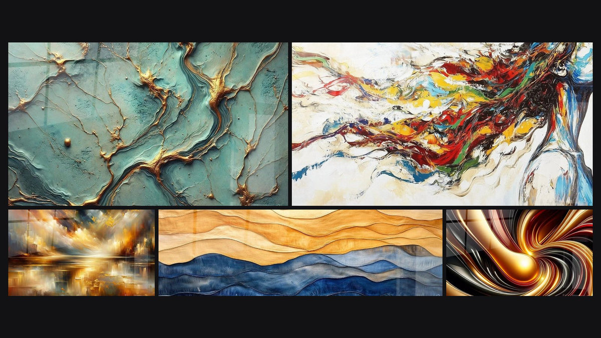 Mosaik aus fünf Gemälden, darunter Goldene Flüsse, Goldene Reflexe Stadt und Ozean Dünen Blau