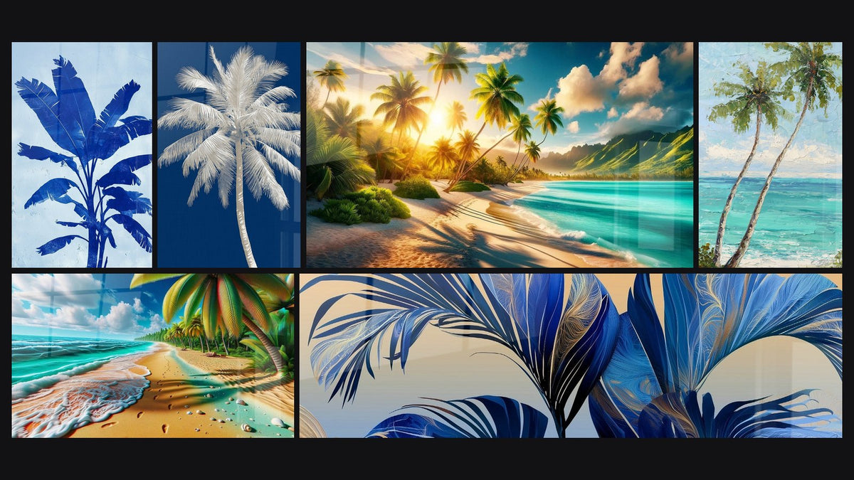 Mosaic of six paintings, including Blue Palm Tree and Pale Sky Silhouette and Awakening of Palms by the Sea