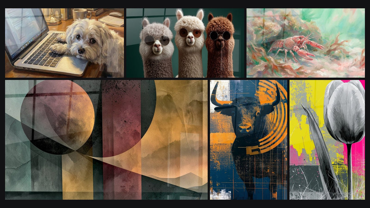 Mosaico di sei quadri, tra cui Bichon Maltese al Lavoro su Laptop e Sfera prugna e dorata a bande verticale