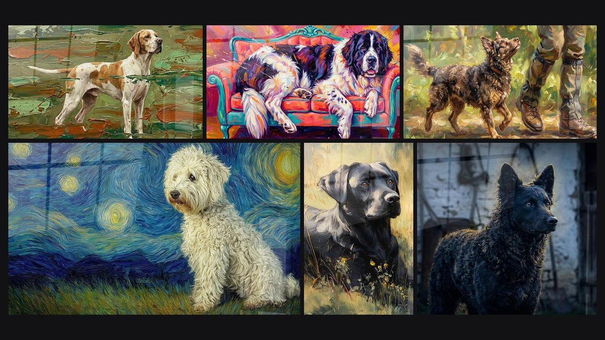 Mosaico di sei quadri, tra cui Bichon Frisé su Sfondo Stellato Vorticoso