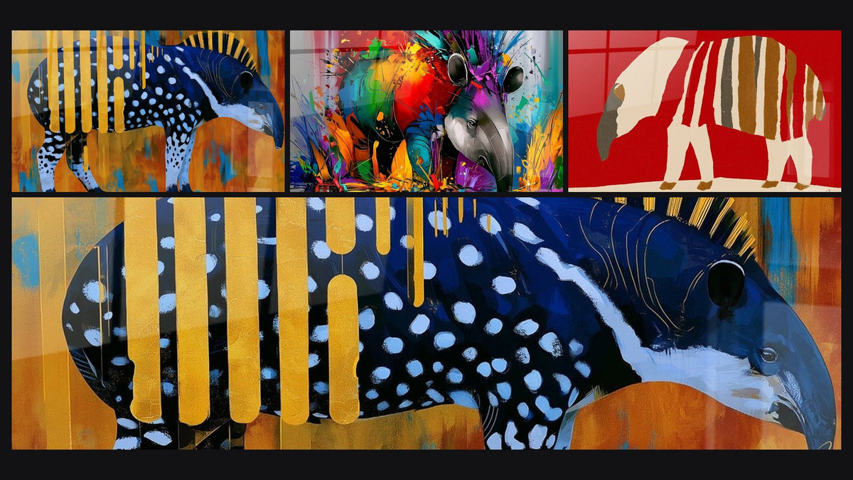Mosaik aus vier Gemälden, darunter Blaues Tapir mit goldenen Flecken
