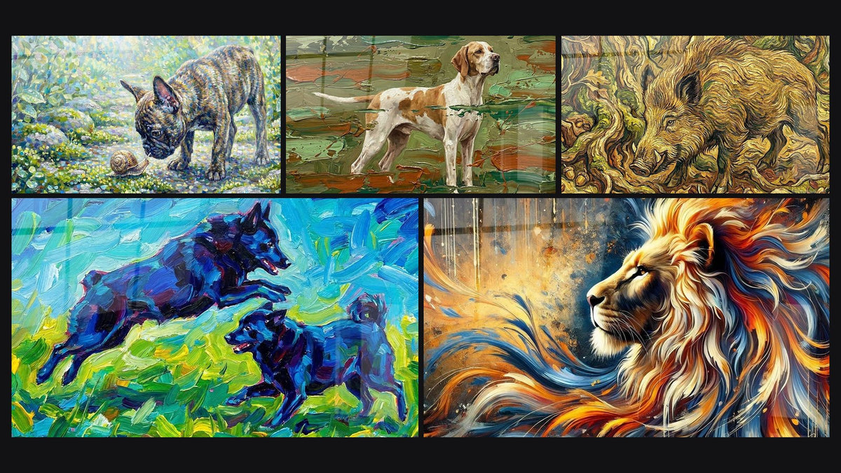 Mosaico de cinco cuadros, entre ellos Jabalí con Remolinos Dorados y Llama Salvaje