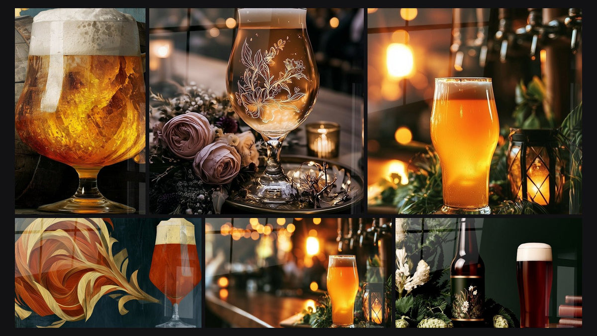Mosaïque de six tableaux, dont Verre ambré sur comptoir de bois brun et Verre doré aux tirages en fond