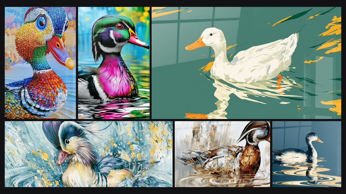 Mosaïque de six tableaux, dont Mandarin bleu et rouge à grands yeux ronds et Mandarin brun et blanc à l'œil rouge