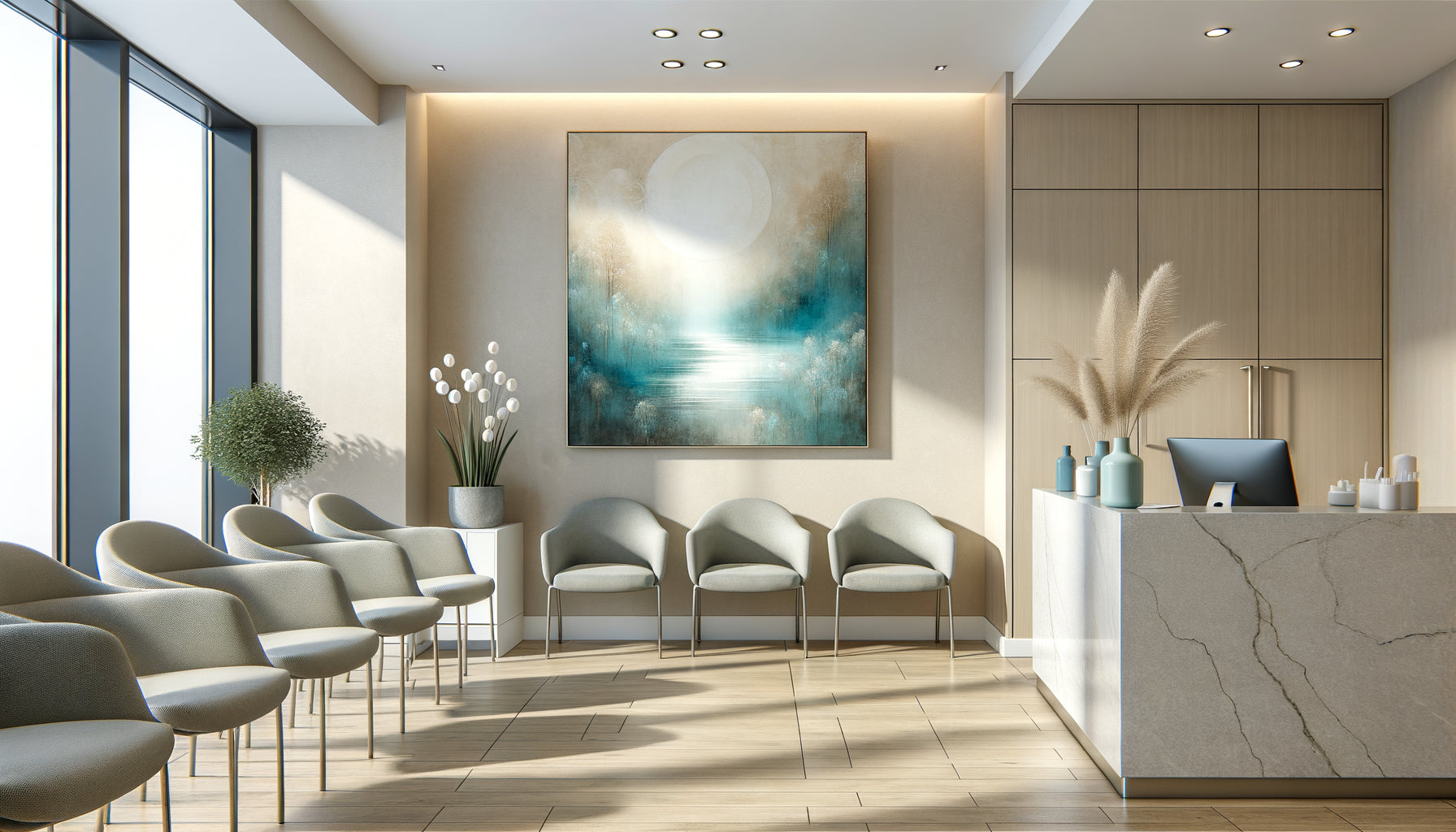 Tableau impression canvas avec motif apaisant accroché dans cabinet médical moderne et professionnel