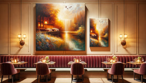 Comparaison côte à côte entre peinture originale et impression canvas de qualité professionnelle dans un restaurant élégant