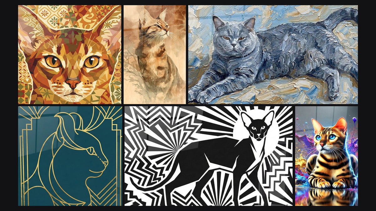 Mosaïque de six tableaux, dont Chat Abyssin Mosaïque, Chat Art Déco Doré et Chat Oriental Silhouette Art Deco