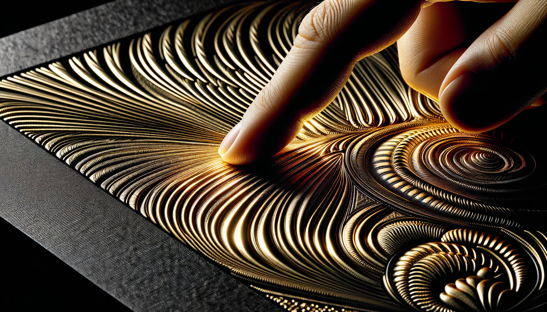 Gros plan macro d'une impression à chaud métallisée dorée authentique sur tableau fashion montrant le relief tactile et la brillance changeante