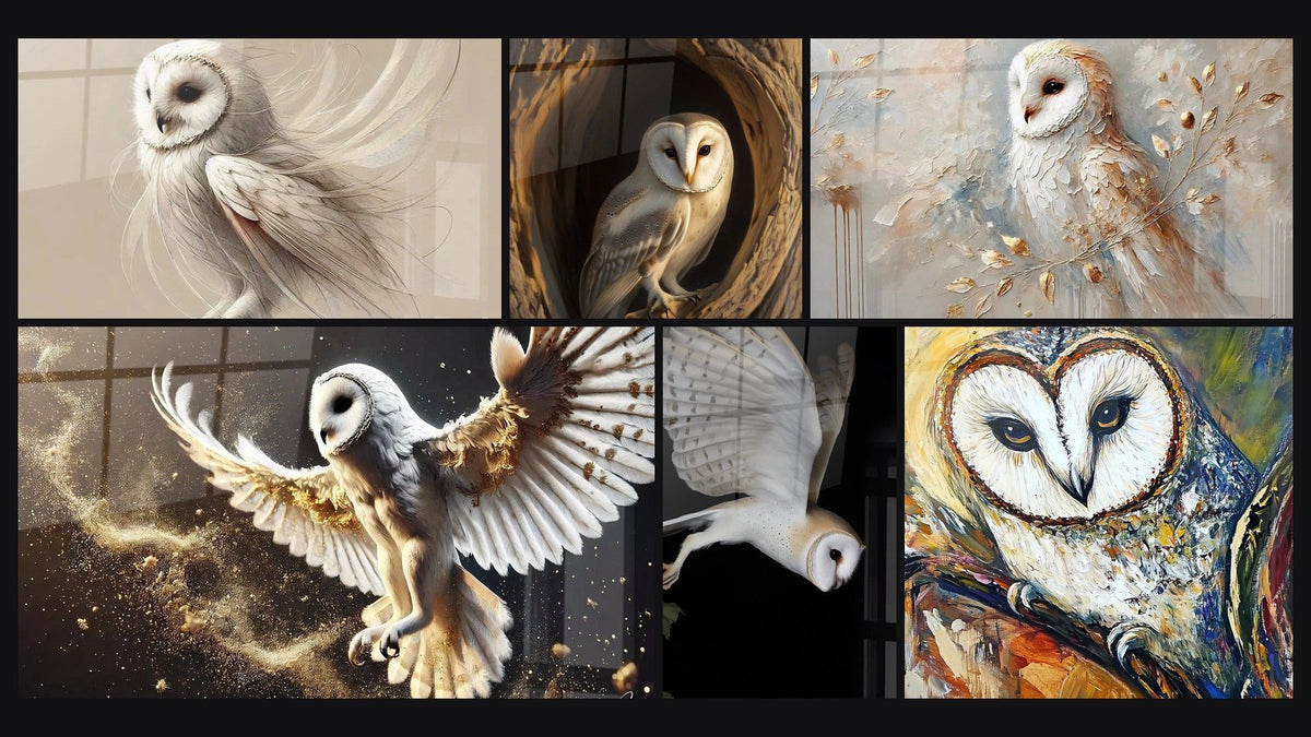 Mosaïque de six tableaux, dont Douceur des Plumes, Chouette rêve du bosquet et Songe d'Or