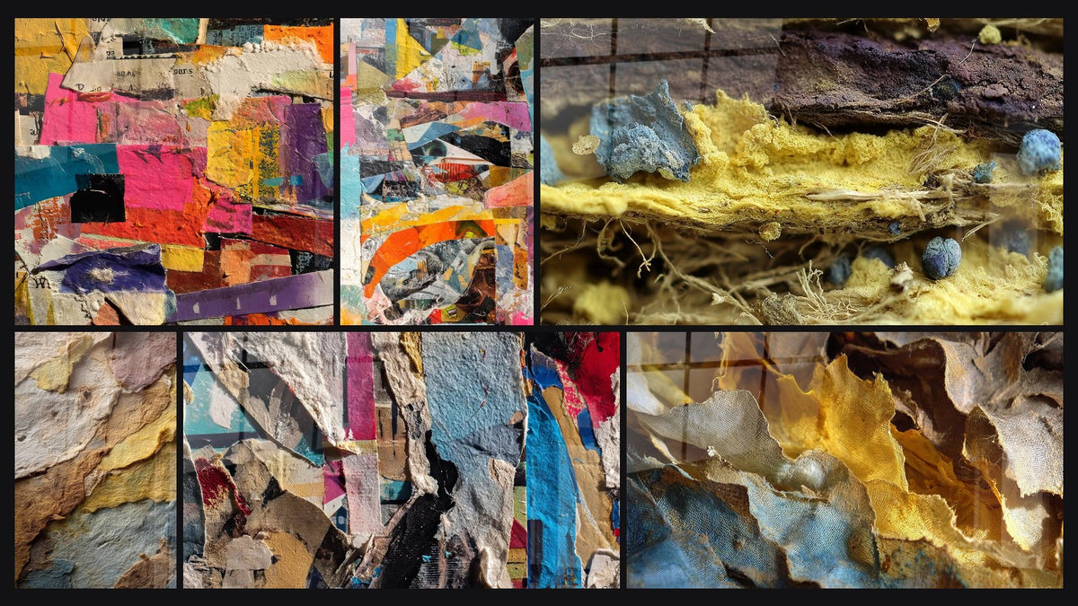 Mosaic of six paintings, including Multicolor Abstract Collage, Abstract Geometric and Geological Strata