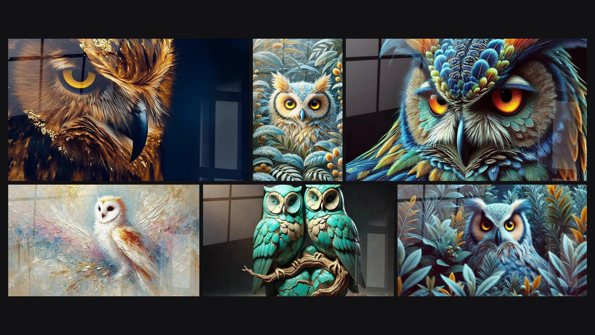 Mosaico de seis cuadros, entre ellos Búho Maestro del Crepúsculo, Ojos del Bosque y Guardián de las Brumas