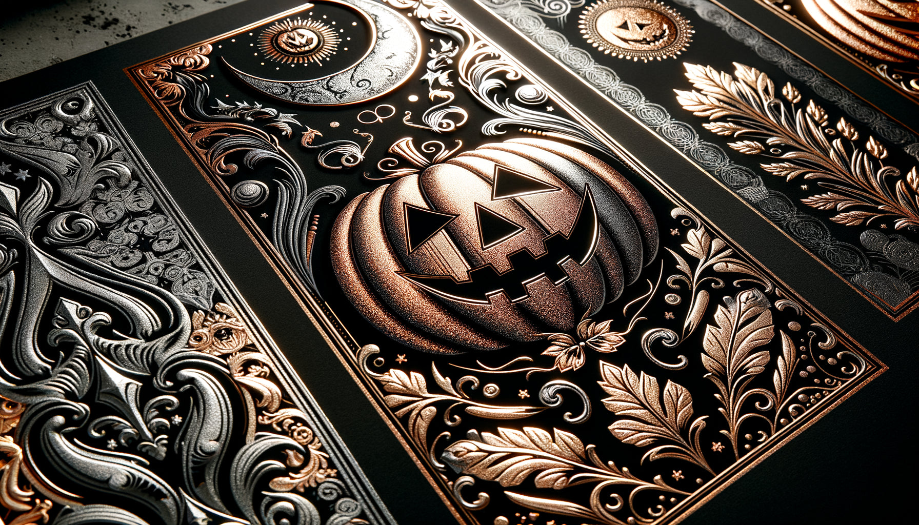 Impressions Halloween sophistiquées avec dorure et encres métalliques sur motifs de citrouilles et ornements gothiques élégants