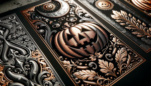 Impressions Halloween sophistiquées avec dorure et encres métalliques sur motifs de citrouilles et ornements gothiques élégants