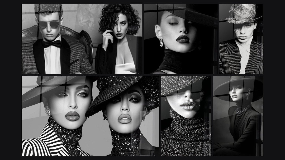 Mosaico de seis cuadros, entre ellos Moda blanco y negro, Retrato Mujer y Estilo Parisino