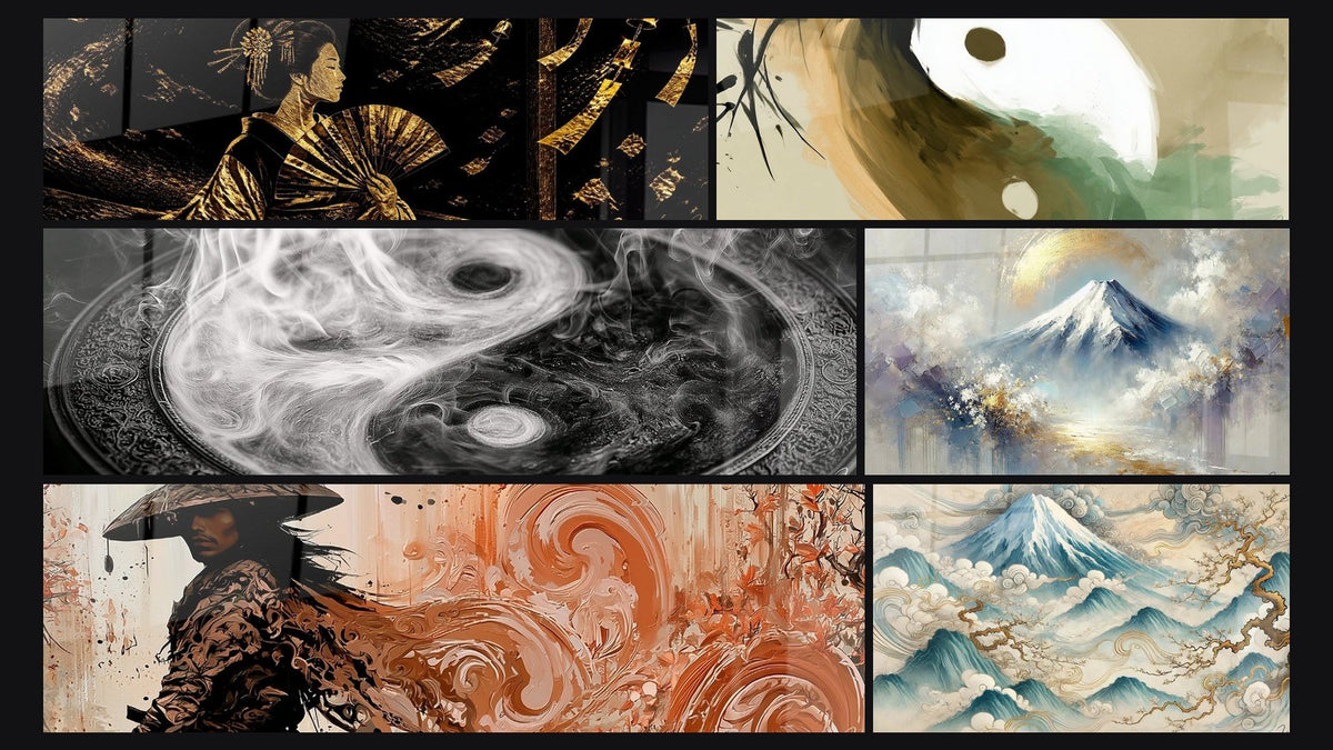 Mosaic of six paintings, including Fan Black and Gold with Swirling Volutes, Beyond the Clouds and Sacred Mountain Awakening