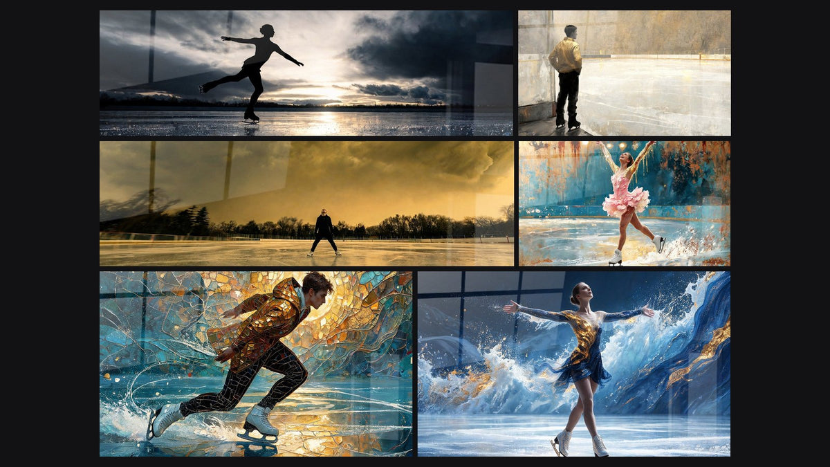 Mosaïque de six tableaux, dont Patineuse silhouette noire lac gelé et Patineur solitaire sous ciel doré