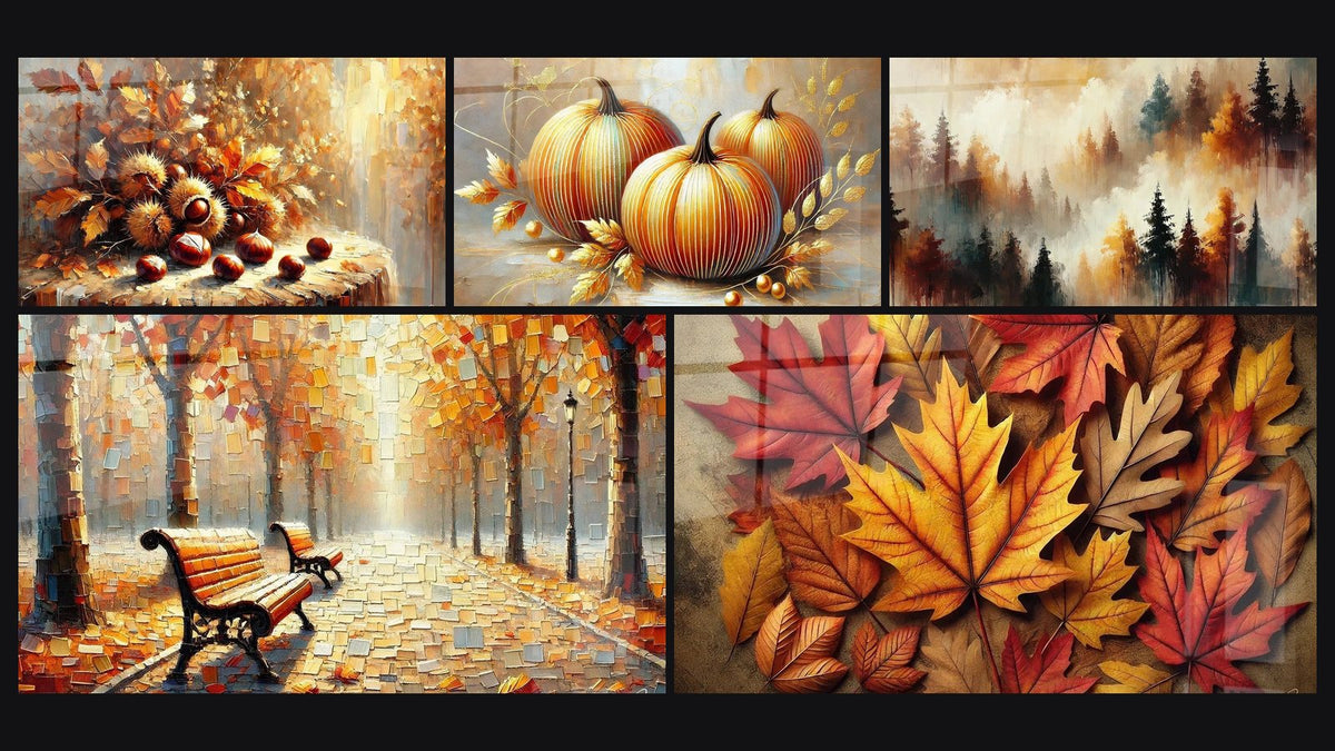 Mosaïque de cinq tableaux, dont Fruits de Saison, Citrouilles d’Or et Douceur Automnale