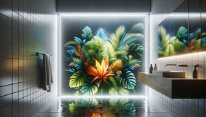 Panneau plexiglas imprimé avec motif tropical installé dans salle de bain moderne contemporaine