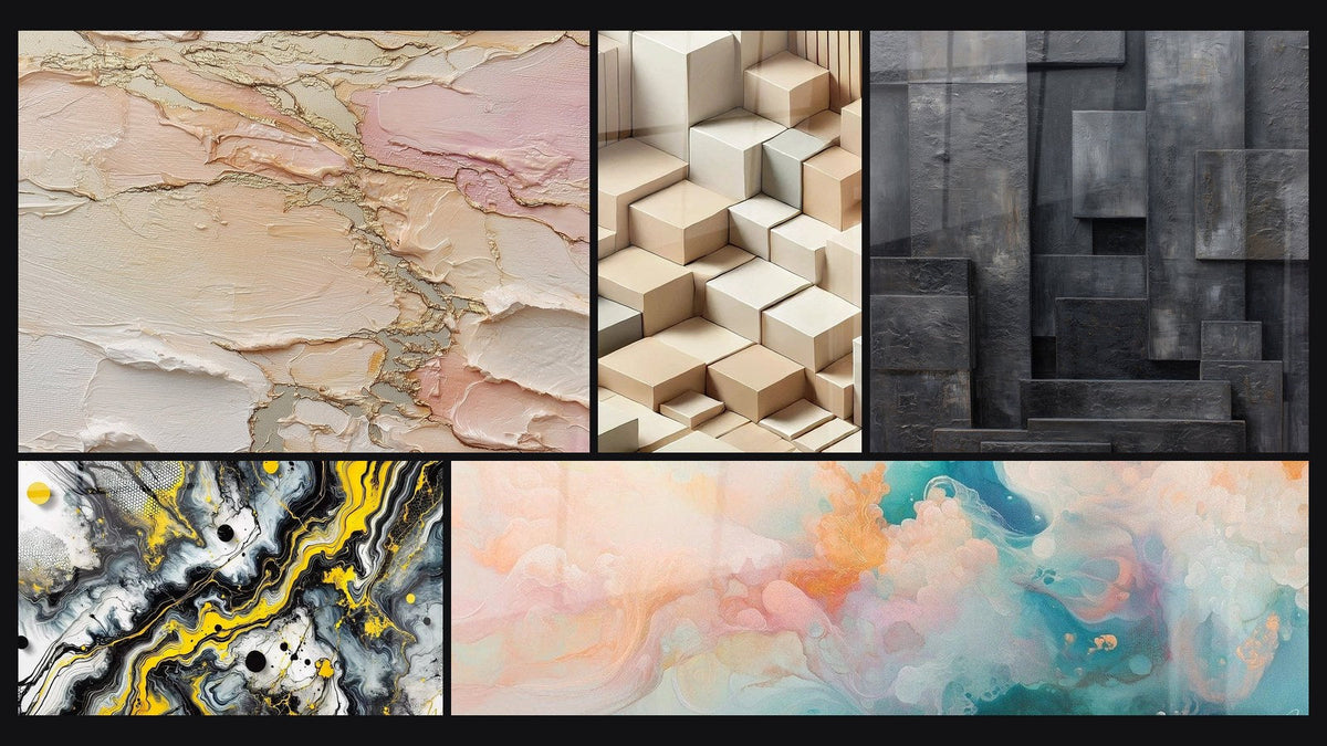 Mosaic of five paintings, including Abstract textured blush gold beige, Minimalism Sculpted and Black Impact