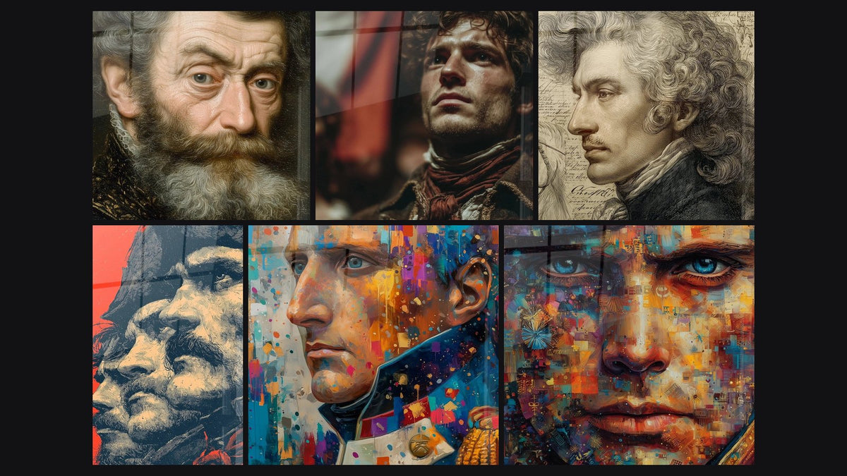 Mozaika sześciu obrazów, w tym Portret Mistrza, Portret Brodaty Burza Wewnętrzna i Portret Renesansu Ludzkiego