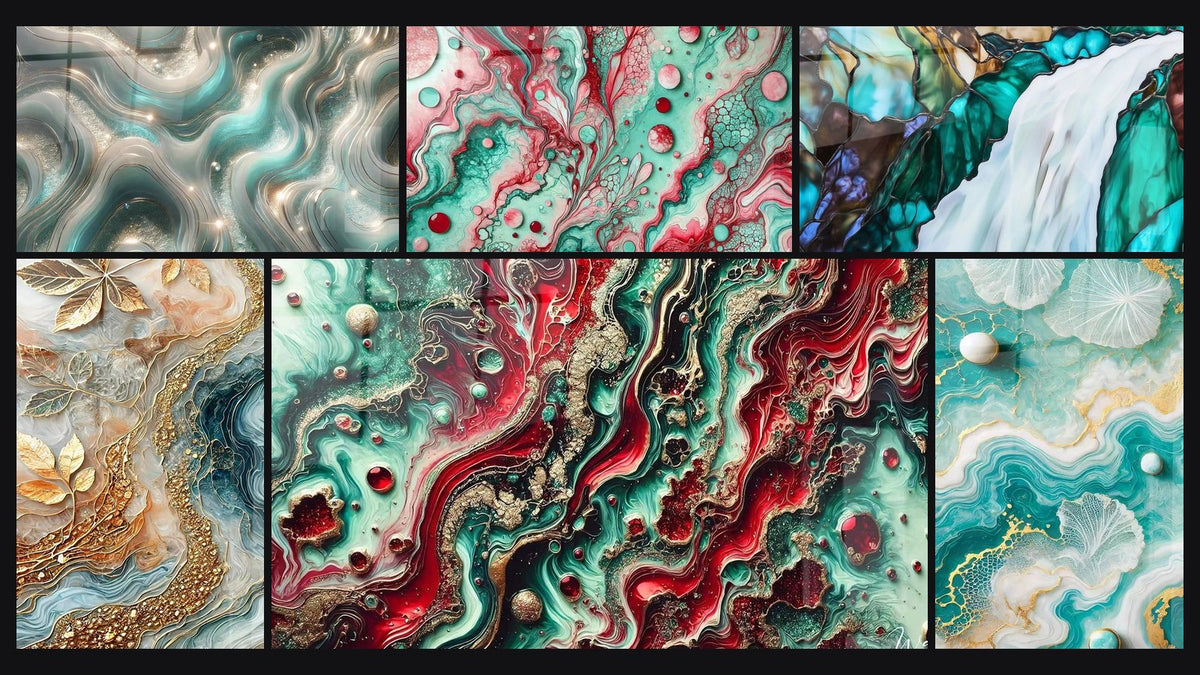 Mosaïque de six tableaux, dont Ondes Scintillantes, Chaleur de Rubellite et Feuilles d'Or