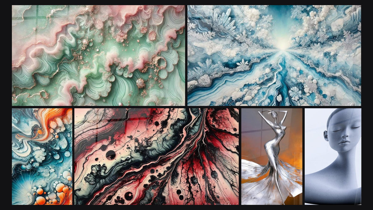 Mosaic of six paintings, including Emerald Mist, Frozen Horizon and Blazing Tide