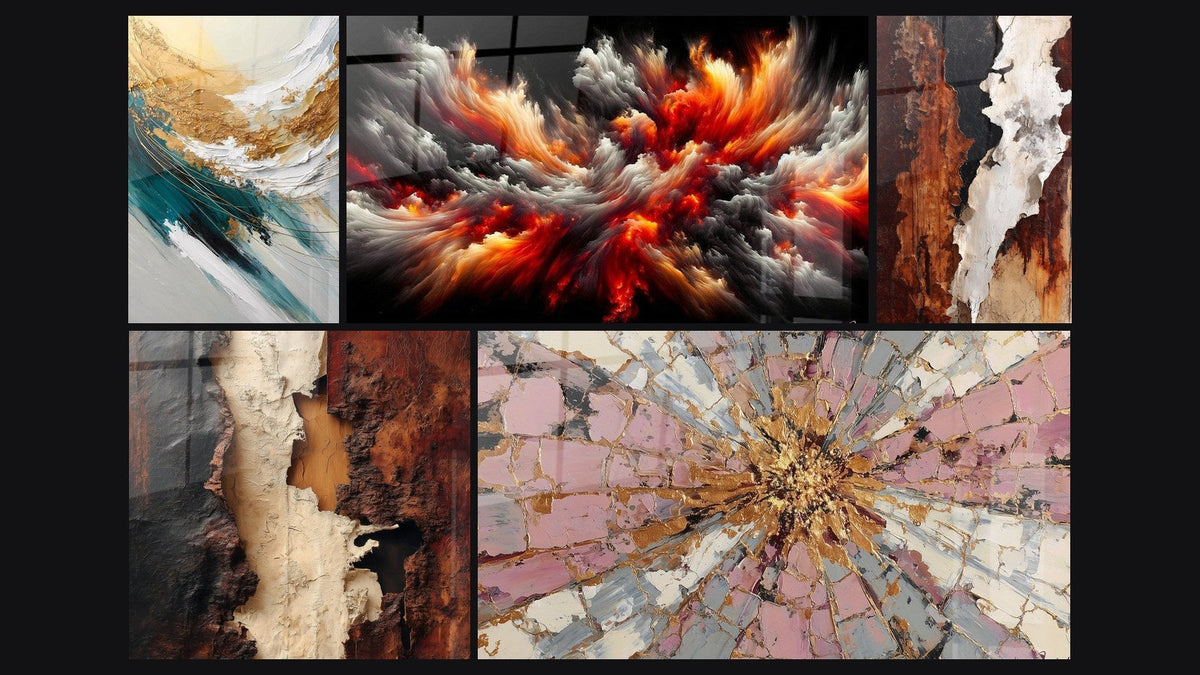 Mosaic of five paintings, including Golden Crest and Foam and Solar Storm Abyss