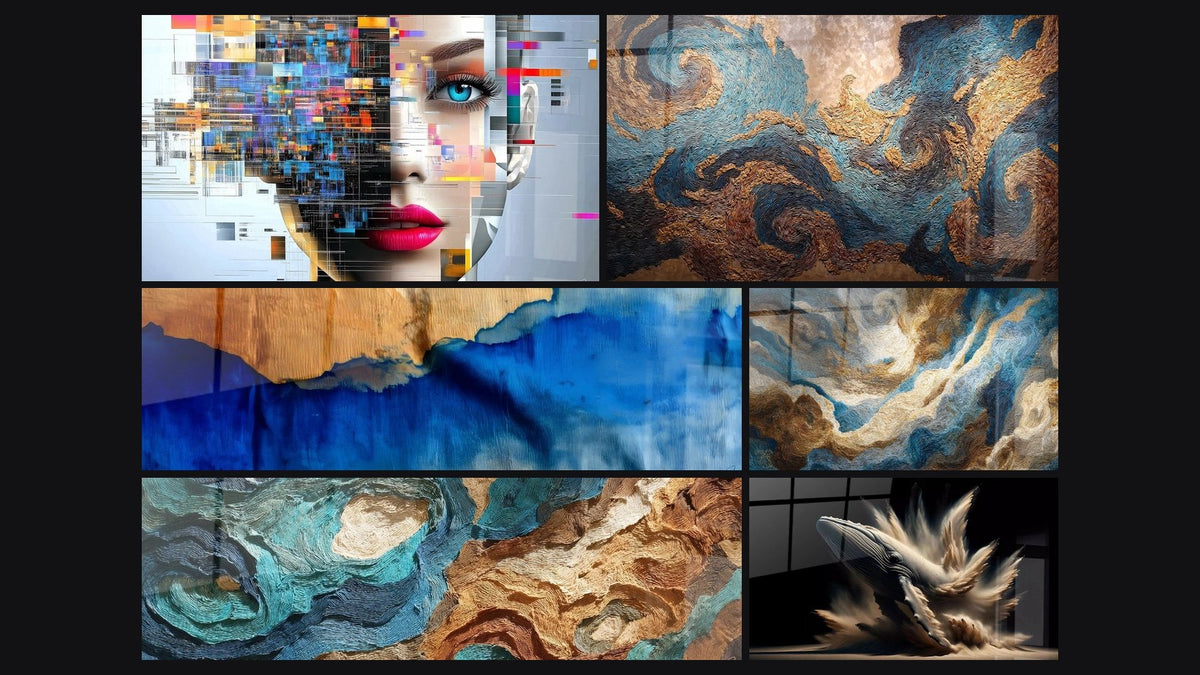 Mosaic of six paintings, including Fragmented Digital Woman, Blue Waves and Wood and Cosmic Swirls