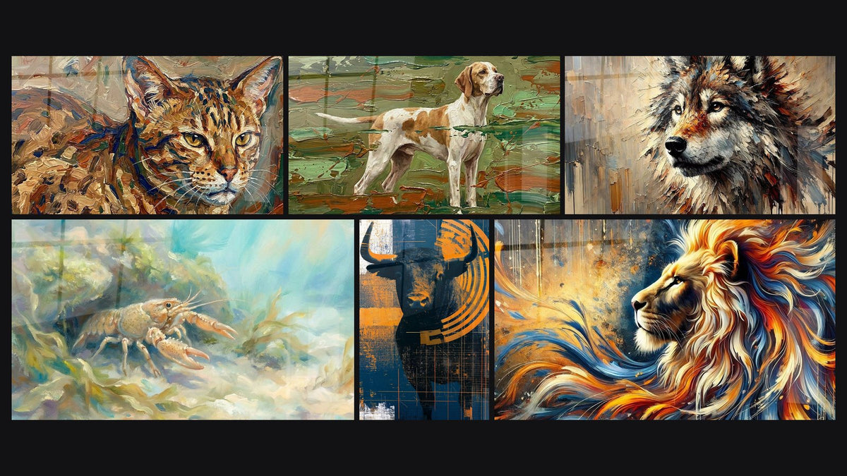 Mosaik aus sechs Gemälden, darunter Ocicat-Katzen-Bild Impressionistisch, Wilde Flamme und König der Wilden Länder
