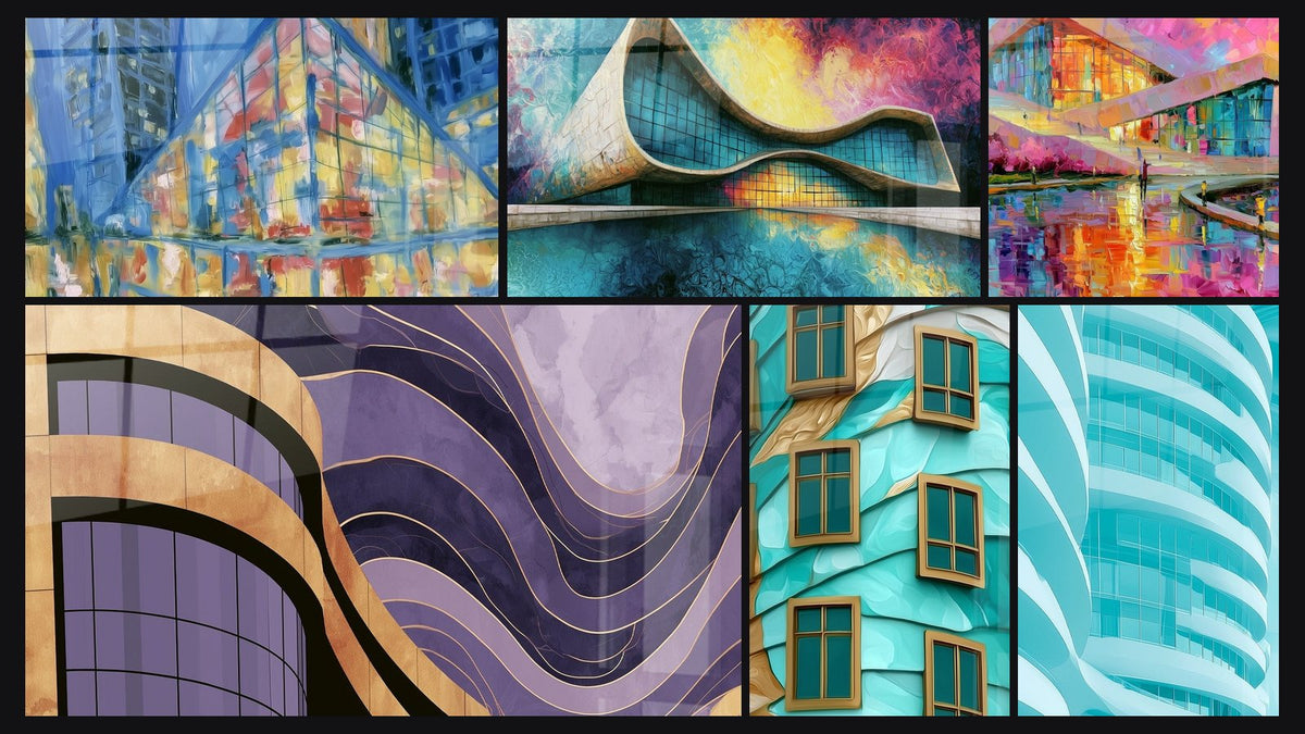 Mosaïque de six tableaux, dont Façade courbe violette aux bandes dorées