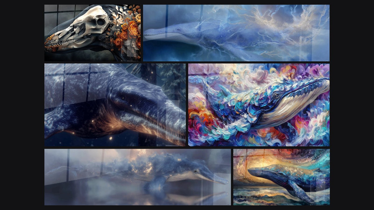 Mosaïque de six tableaux, dont Crâne Floral Baleine, Basilosaurus préhistorique et Baleine Majestueuse