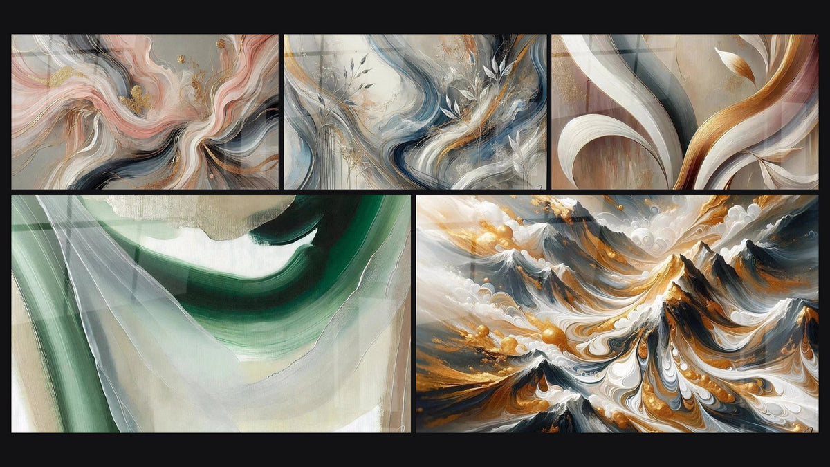 Mosaïque de cinq tableaux, dont Flots de Soie, Nuances Enveloppantes et Soie d'Émeraude