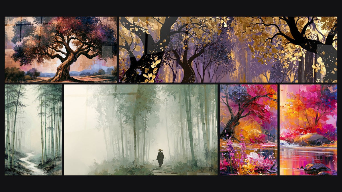 Mosaïque de six tableaux, dont Forêt vert sauge et sentier brumeux et Arbre rivière rose et orange