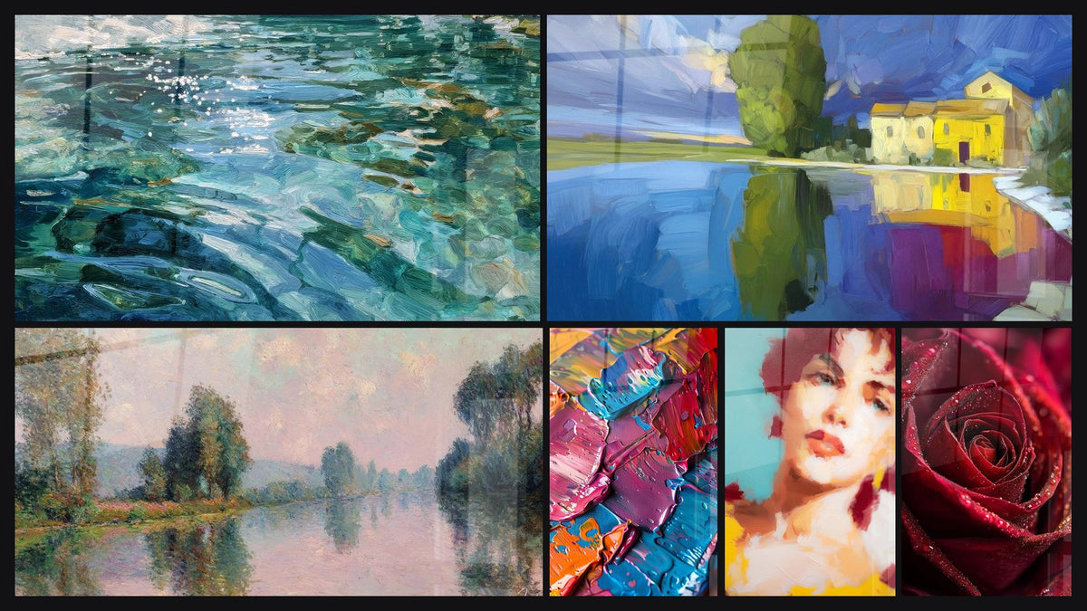 Mosaïque de six tableaux, dont Eau cristalline, Lac Douceur Cristalline et Paysage rivière impressionniste