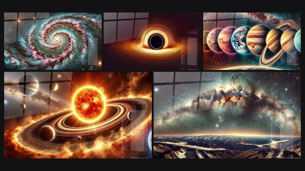 Mosaïque de cinq tableaux, dont Échos des Étoiles, Forge de l'Univers et L'Ordre des Mondes
