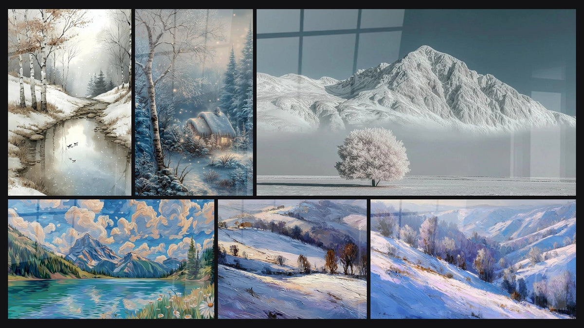 Mosaïque de six tableaux, dont Paysage Bouleaux Ocre Délicat, Paysage Quiétude Alpine et Chaumière Sortilège Neigeux
