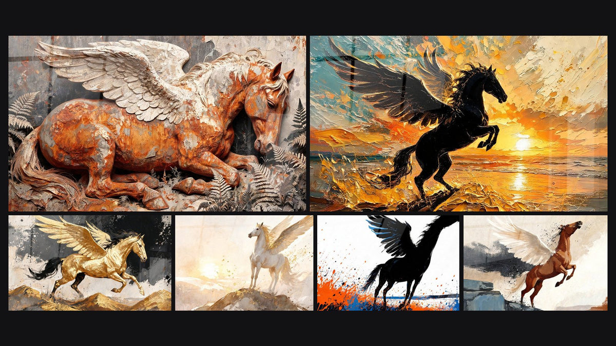 Mosaïque de six tableaux, dont Cheval ailé rouille et gris couché et Cheval ailé doré et noir sur dunes