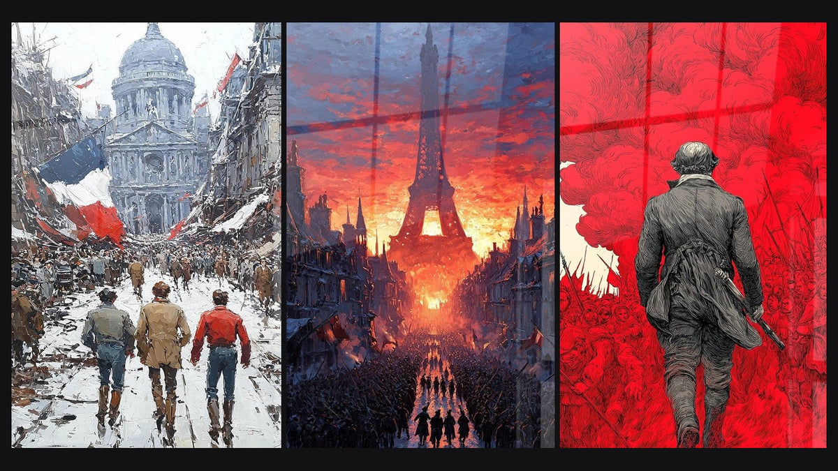 Mosaico de tres cuadros: Panteón Libertad Triunfante, Torre Eiffel Nubes Púrpuras y Soldado Nubes de Sangre