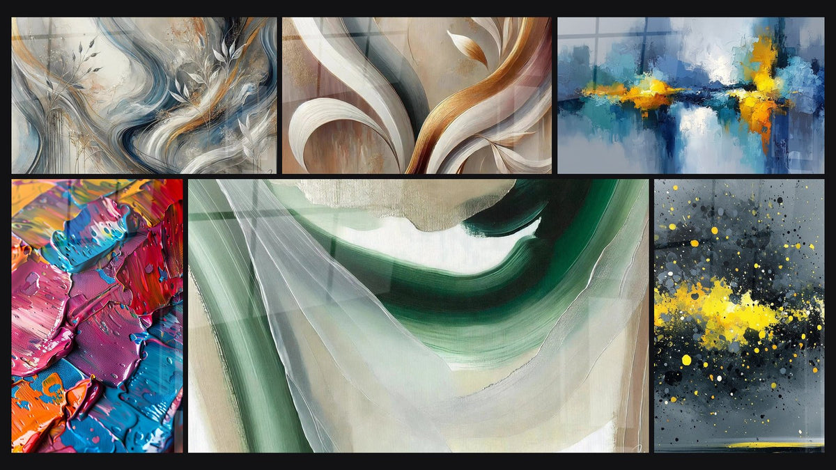Mosaïque de six tableaux, dont Nuances Enveloppantes, Peinture acrylique multicolore et Soie d'Émeraude
