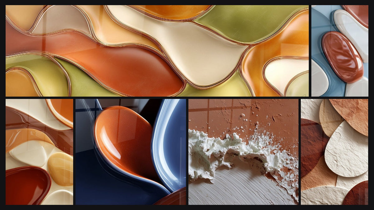 Mosaïque de six tableaux, dont Vague blanche écumante sur fond brique et Formes ovales blanches et brique froissées