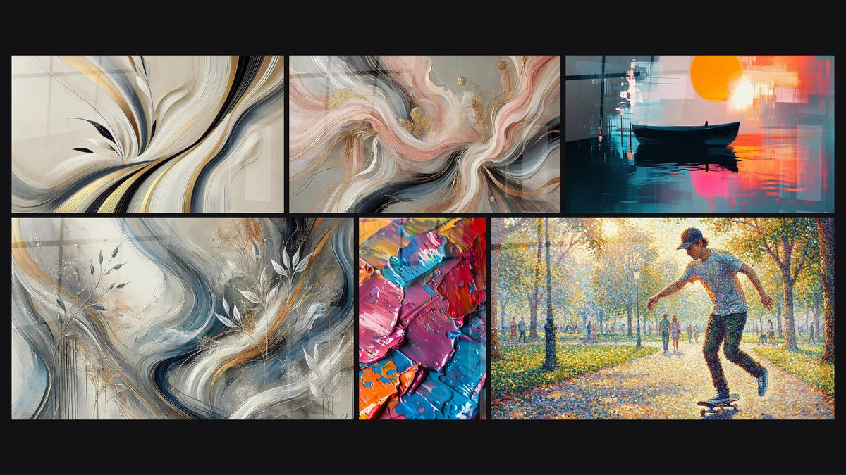 Mosaïque de six tableaux, dont Élan d'Harmonie, Flots de Soie et Nuances Enveloppantes