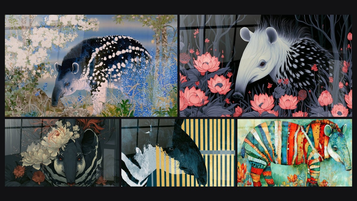 Mosaïque de cinq tableaux, dont Tapir blanc et corail parmi les lotus et Tapir noir aux pivoines blanches