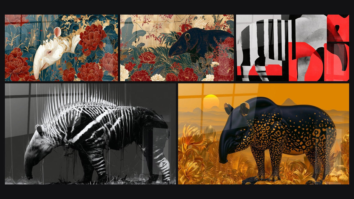 Mosaico de cinco cuadros, entre ellos Tapir blanco entre peonías rojas y azules y Tapir Azul Marino y Rojo entre las Peonías