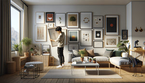 Intérieur contemporain chaleureux avec collection d'impressions artistiques abordables accrochées sur mur blanc, personne arrangeant cadres