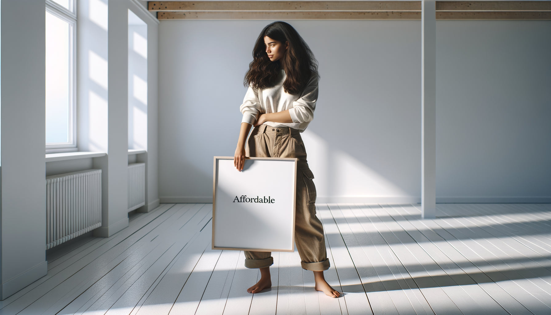 Femme tenant une impression encadrée abordable face à un mur blanc vide dans un intérieur minimaliste contemporain