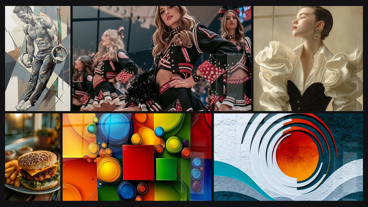 Mosaic of six paintings, including Ring Muscle-Up and Geometric shapes and colorful circles