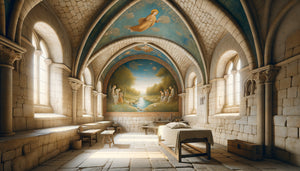 Infirmerie monastique médiévale avec fresque murale thérapeutique aux couleurs apaisantes, architecture romane authentique