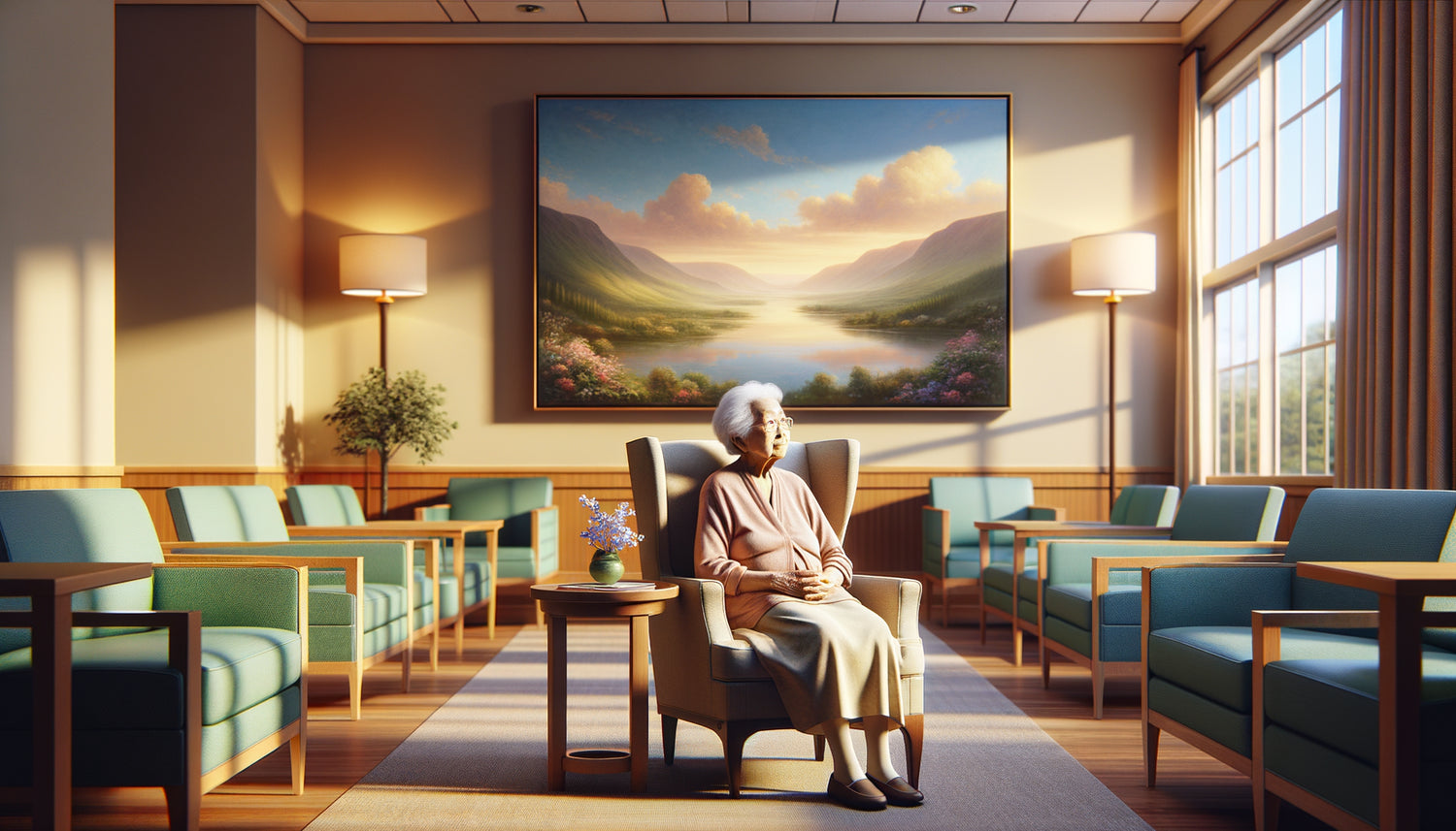 Personne âgée contemplant paisiblement un tableau aux couleurs apaisantes bleues et vertes dans un salon d'EHPAD chaleureux