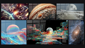Mosaïque de six tableaux, dont Tempête Astrale, Œil de Jupiter et Paysage Lunaire Futuriste